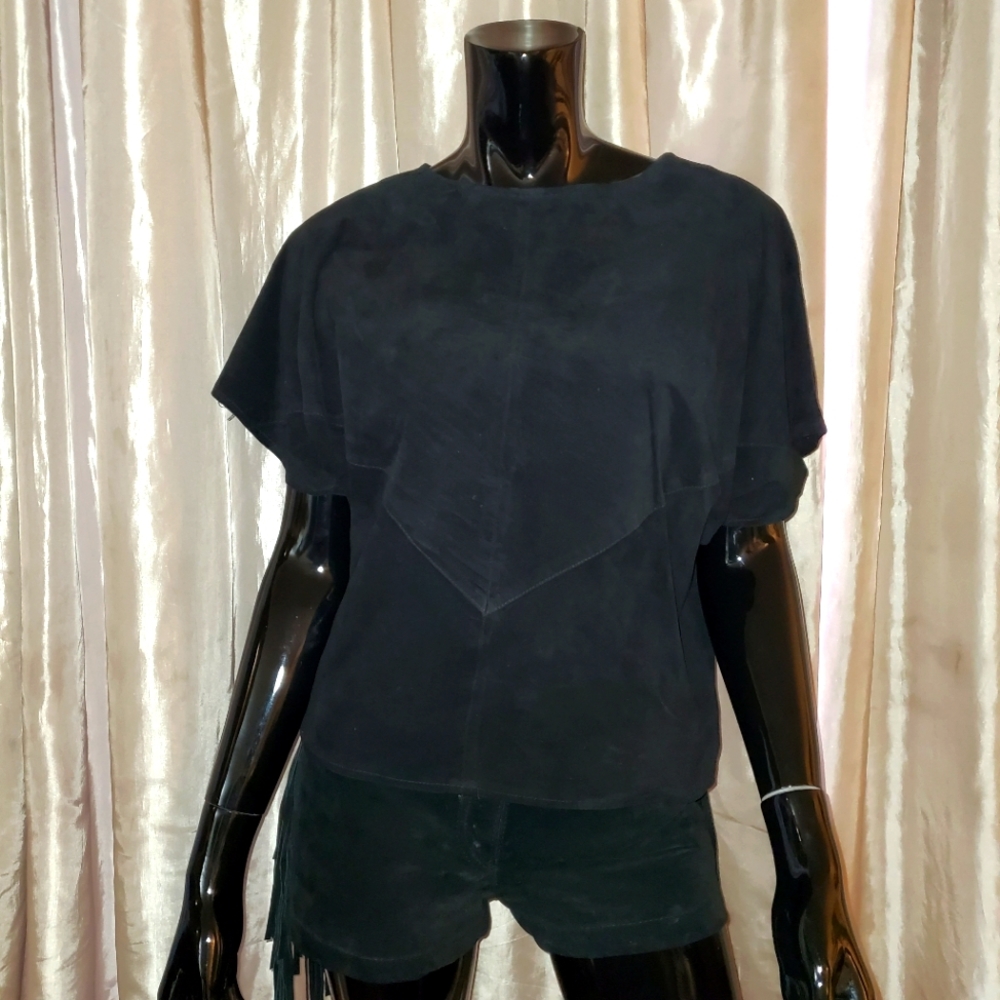 CEDARS Vintage Black Suede Dolman Cut Short Sleeve Top Size Size M